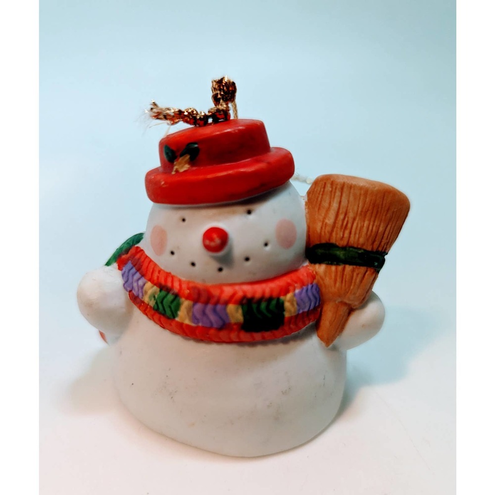 Vintage Porcelain Snowman Bell Christmas Holiday Ornament